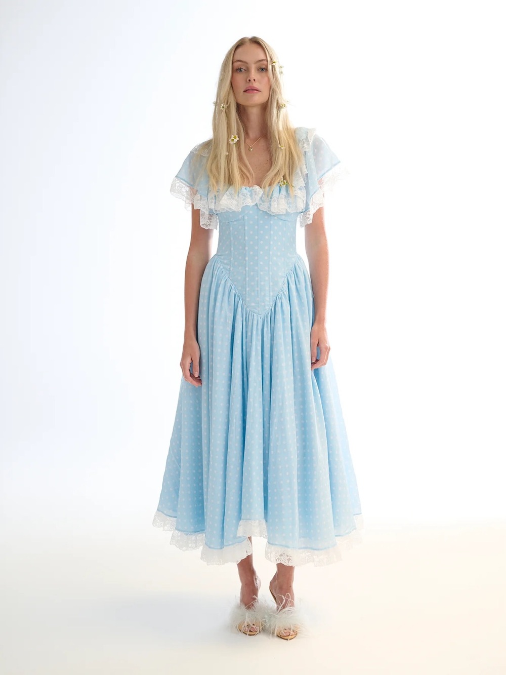 Selkie Powder Blue Polka Dot Midi Dress with Ruffle Lace